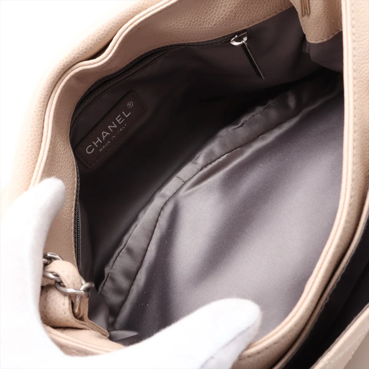 Matelassé Caviar Skin Single Flap Double Chain Bag, Beige, Gunmetal Hardware, 13352903, Serial Number 13 — view 7