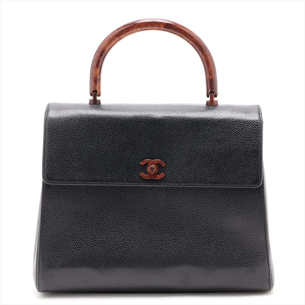 Coco Mark Caviar Skin Handbag, Wood, Black, Gold Hardware, 6035910, Series 6