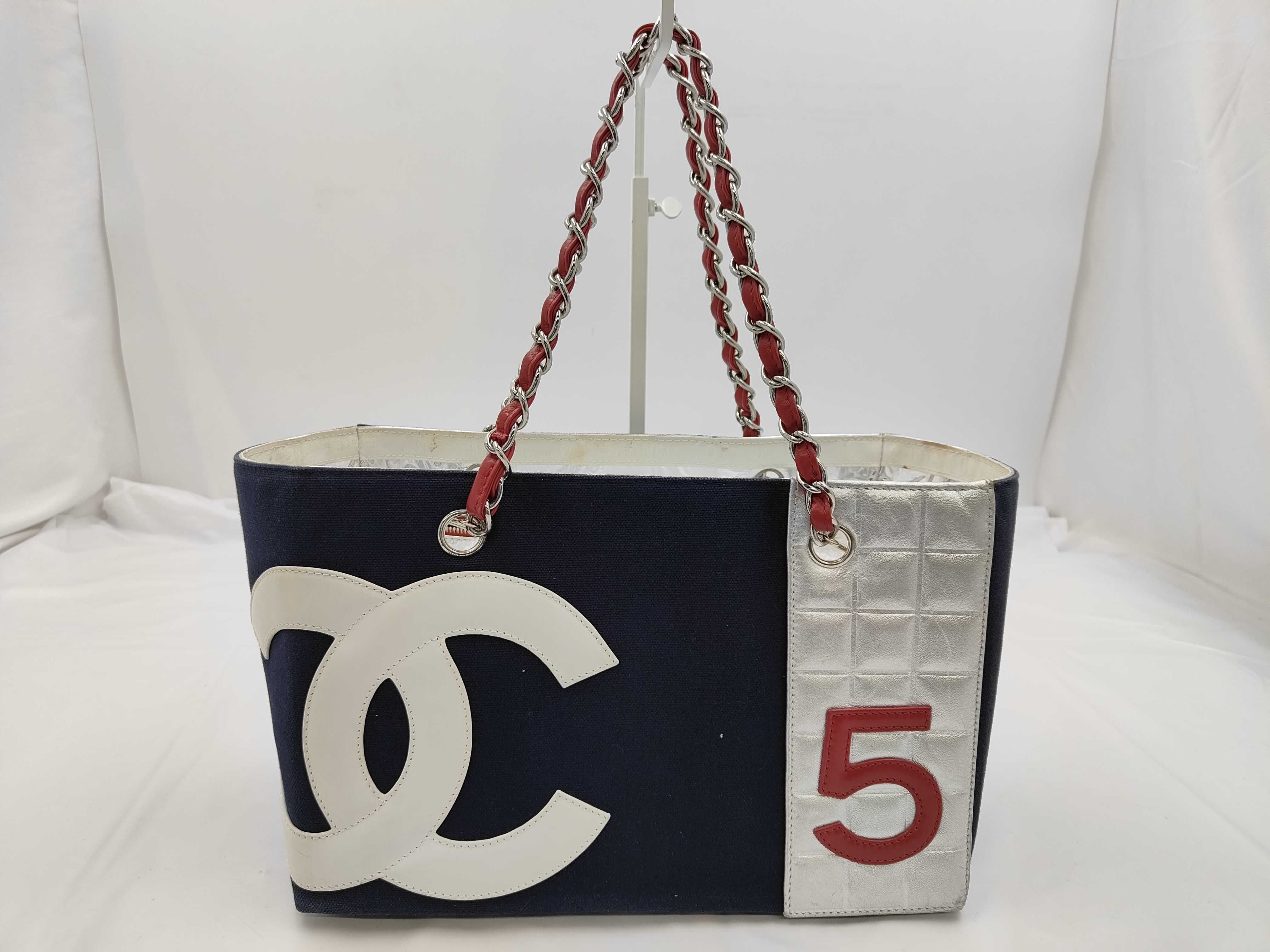 No. 5 Canvas x Leather Chain Tote Bag, Multicolor, Silver Hardware, Handbag