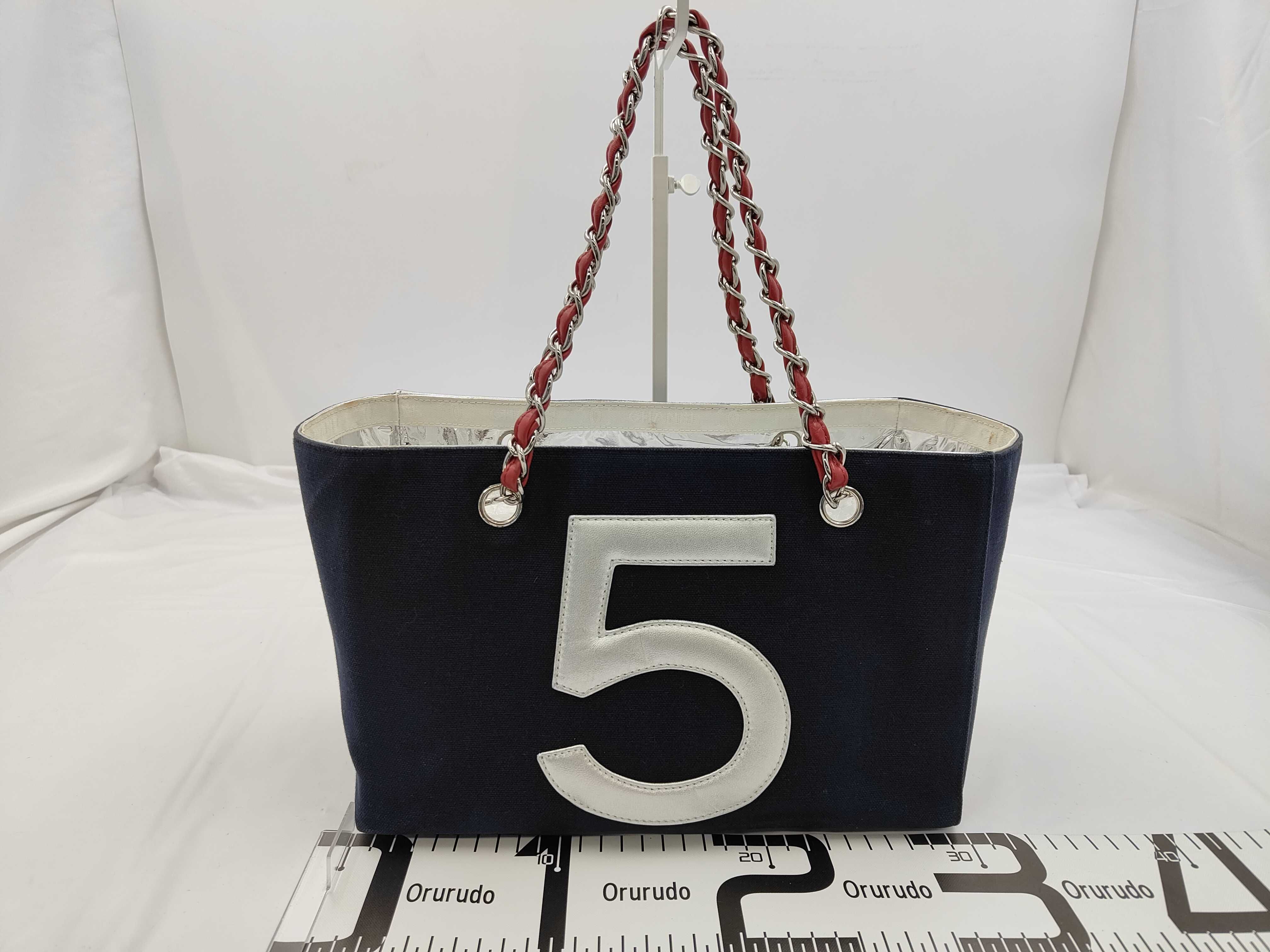 No. 5 Canvas x Leather Chain Tote Bag, Multicolor, Silver Hardware, Handbag — view 2