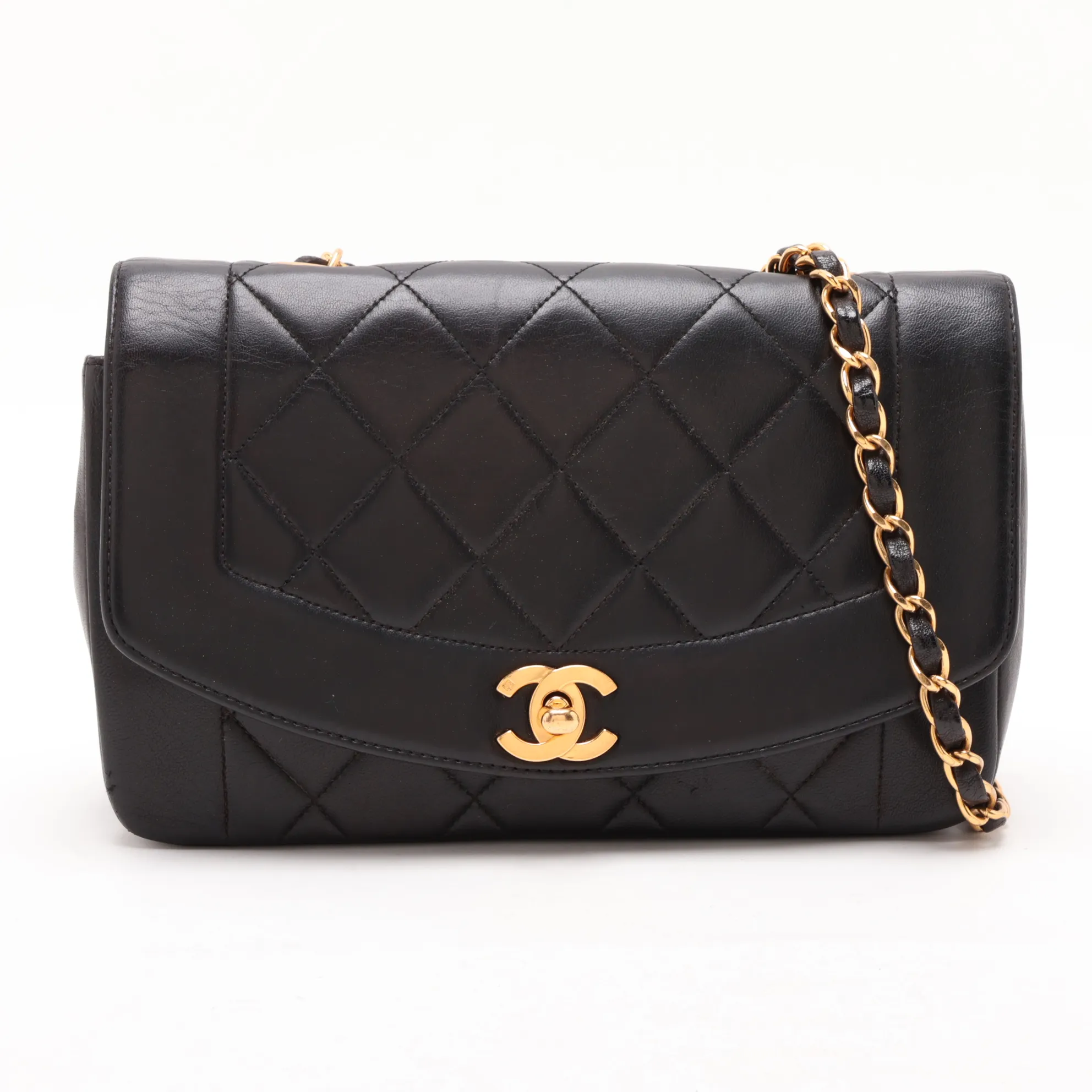 Matelassé Lambskin Single Flap Single Chain Bag, Diana Flap, Black with Gold Hardware, 3755677, Series 3
