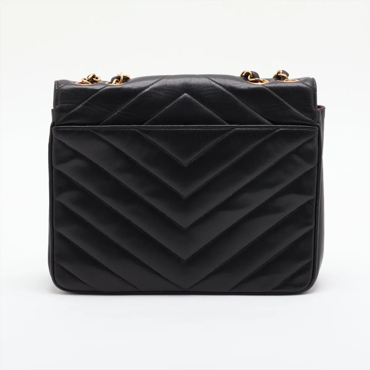 Chevron Lambskin Single Flap Double Chain Bag, V-Stitch, Mademoiselle, Black with Gold Hardware, 2580404, Series 2 — view 2