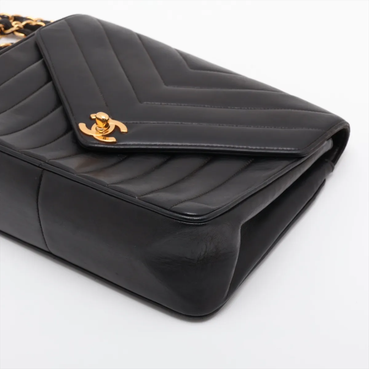 Chevron Lambskin Single Flap Double Chain Bag, V-Stitch, Mademoiselle, Black with Gold Hardware, 2580404, Series 2 — view 3
