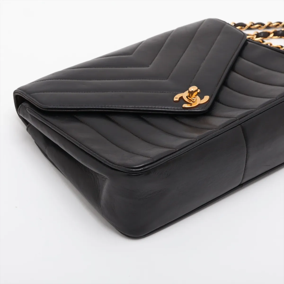 Chevron Lambskin Single Flap Double Chain Bag, V-Stitch, Mademoiselle, Black with Gold Hardware, 2580404, Series 2 — view 4