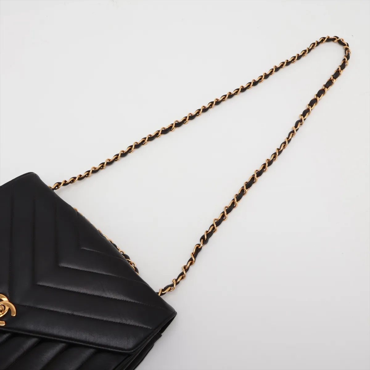 Chevron Lambskin Single Flap Double Chain Bag, V-Stitch, Mademoiselle, Black with Gold Hardware, 2580404, Series 2 — view 5