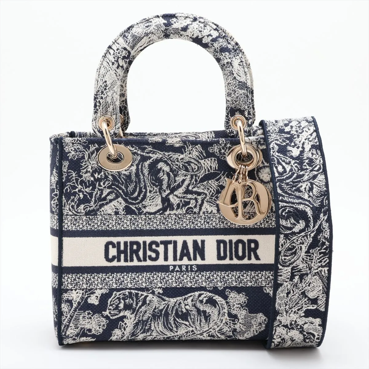 Toile de Jouy Embroidery Canvas x Leather 2-Way Handbag, Navy