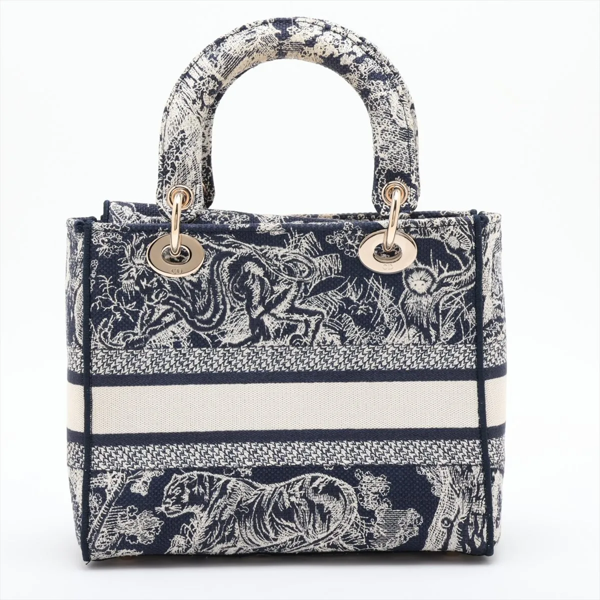 Toile de Jouy Embroidery Canvas x Leather 2-Way Handbag, Navy — view 2