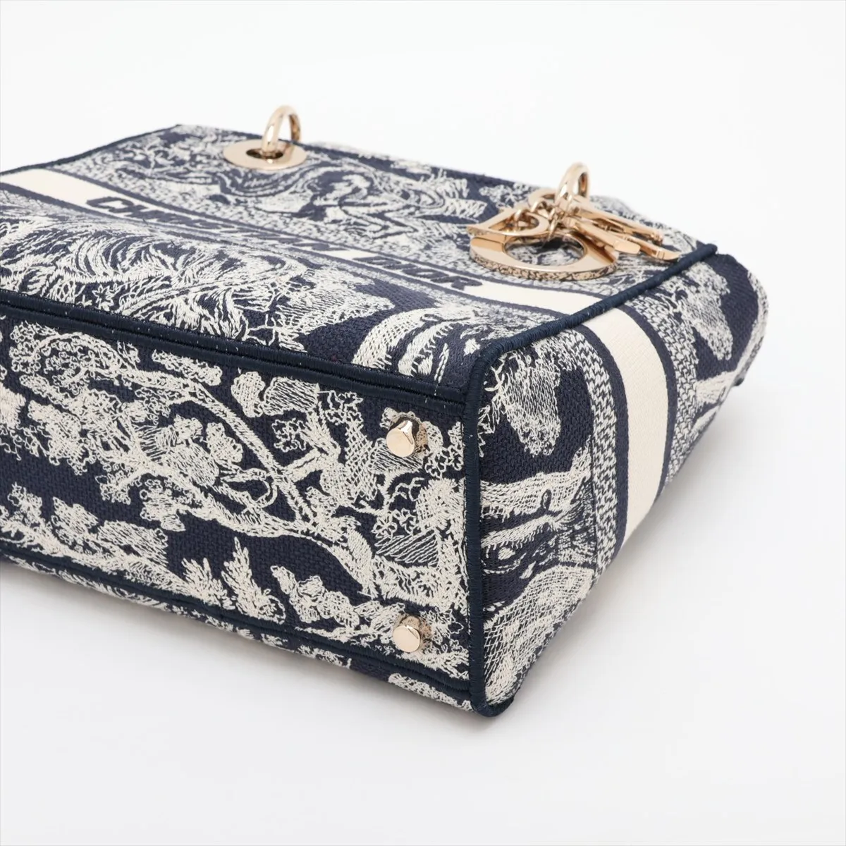 Toile de Jouy Embroidery Canvas x Leather 2-Way Handbag, Navy — view 3