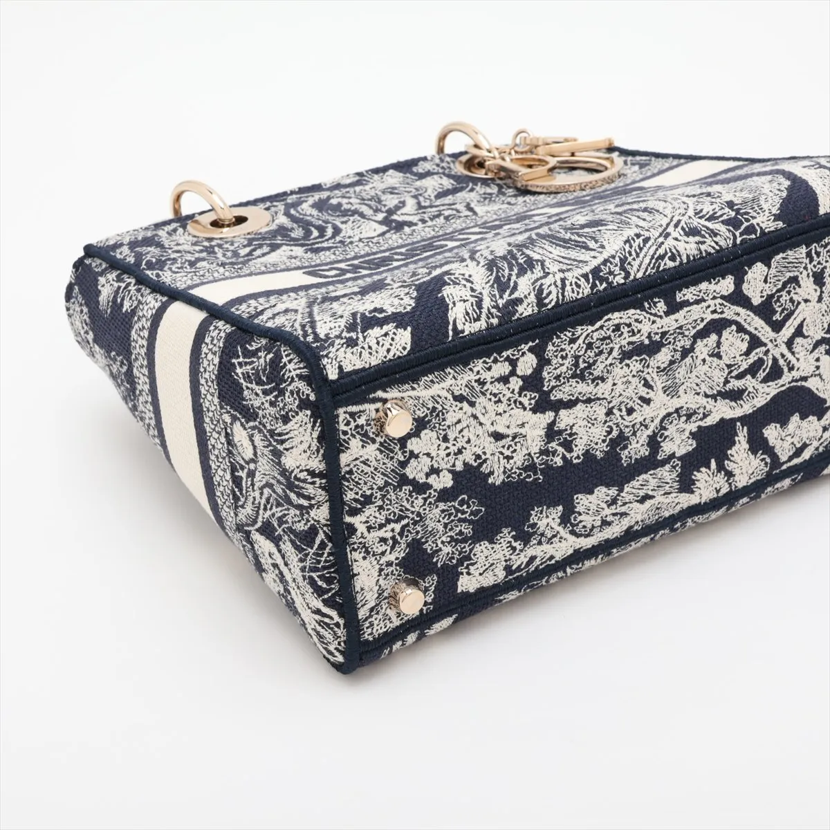 Toile de Jouy Embroidery Canvas x Leather 2-Way Handbag, Navy — view 4
