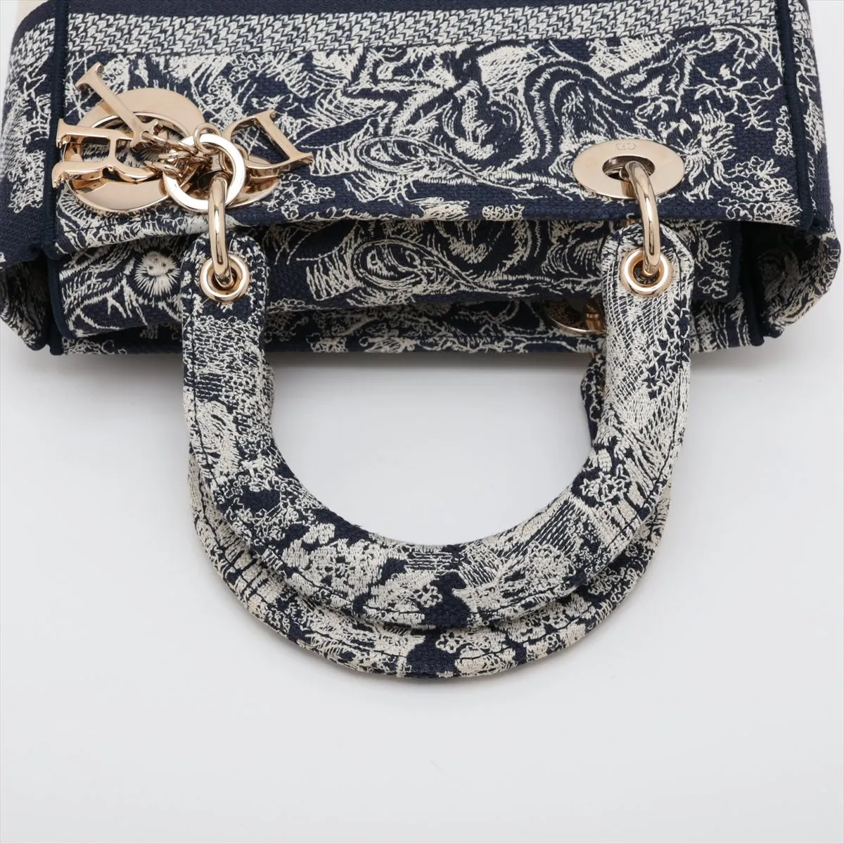 Toile de Jouy Embroidery Canvas x Leather 2-Way Handbag, Navy — view 5