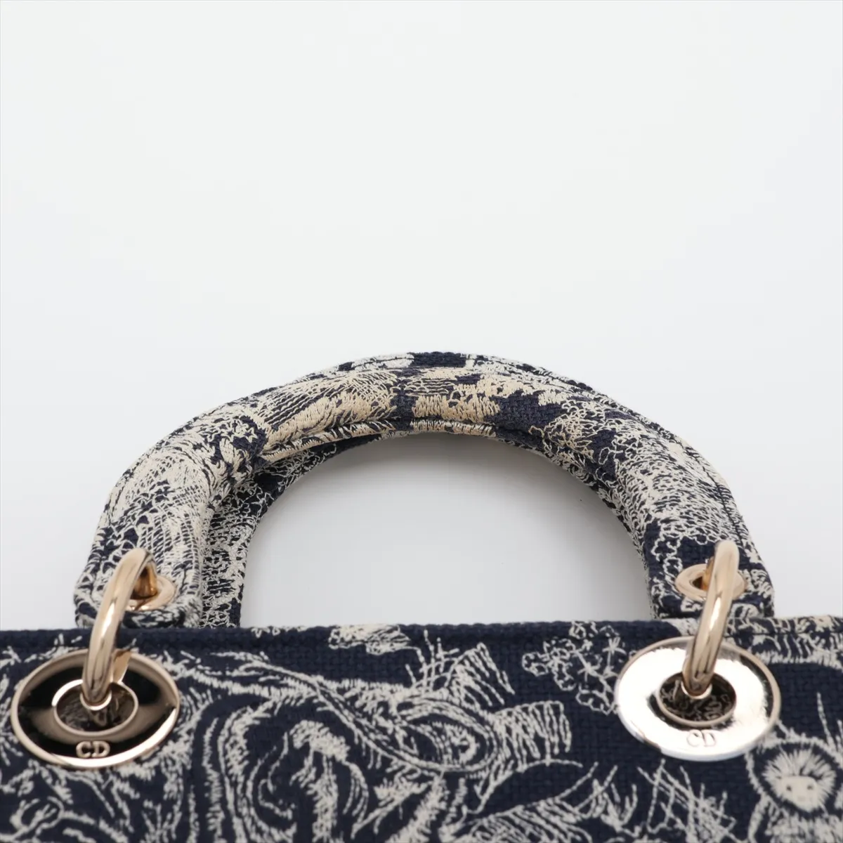 Toile de Jouy Embroidery Canvas x Leather 2-Way Handbag, Navy — view 6