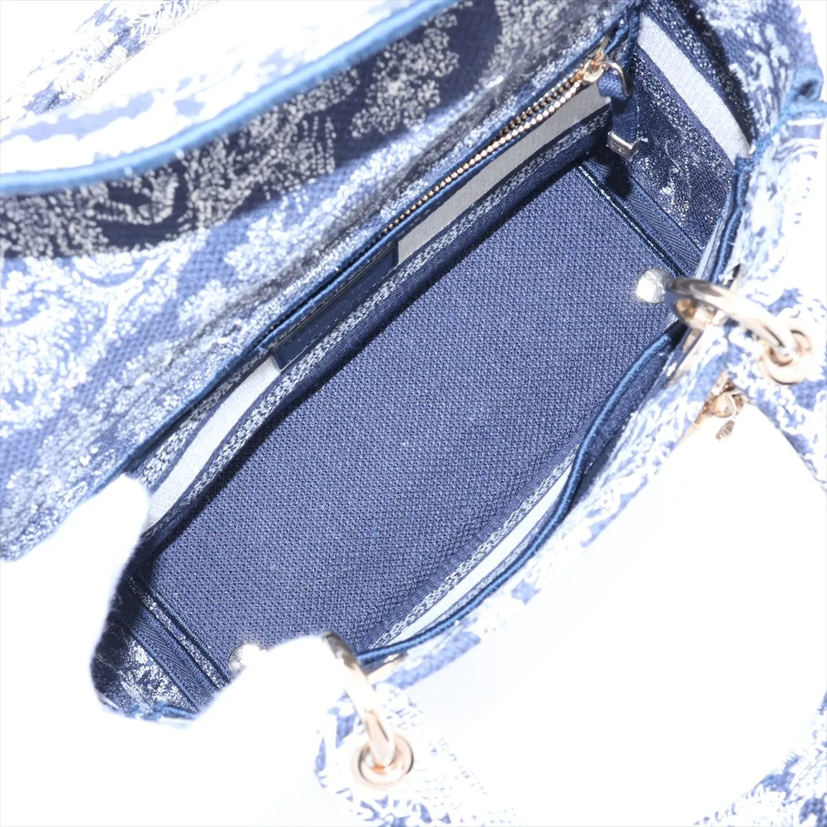 Toile de Jouy Embroidery Canvas x Leather 2-Way Handbag, Navy — view 8