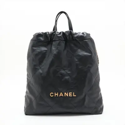 22 Backpack, Shiny Calfskin Chain Backpack, Black with Gold Hardware, EX1T3AK8, Random Plate