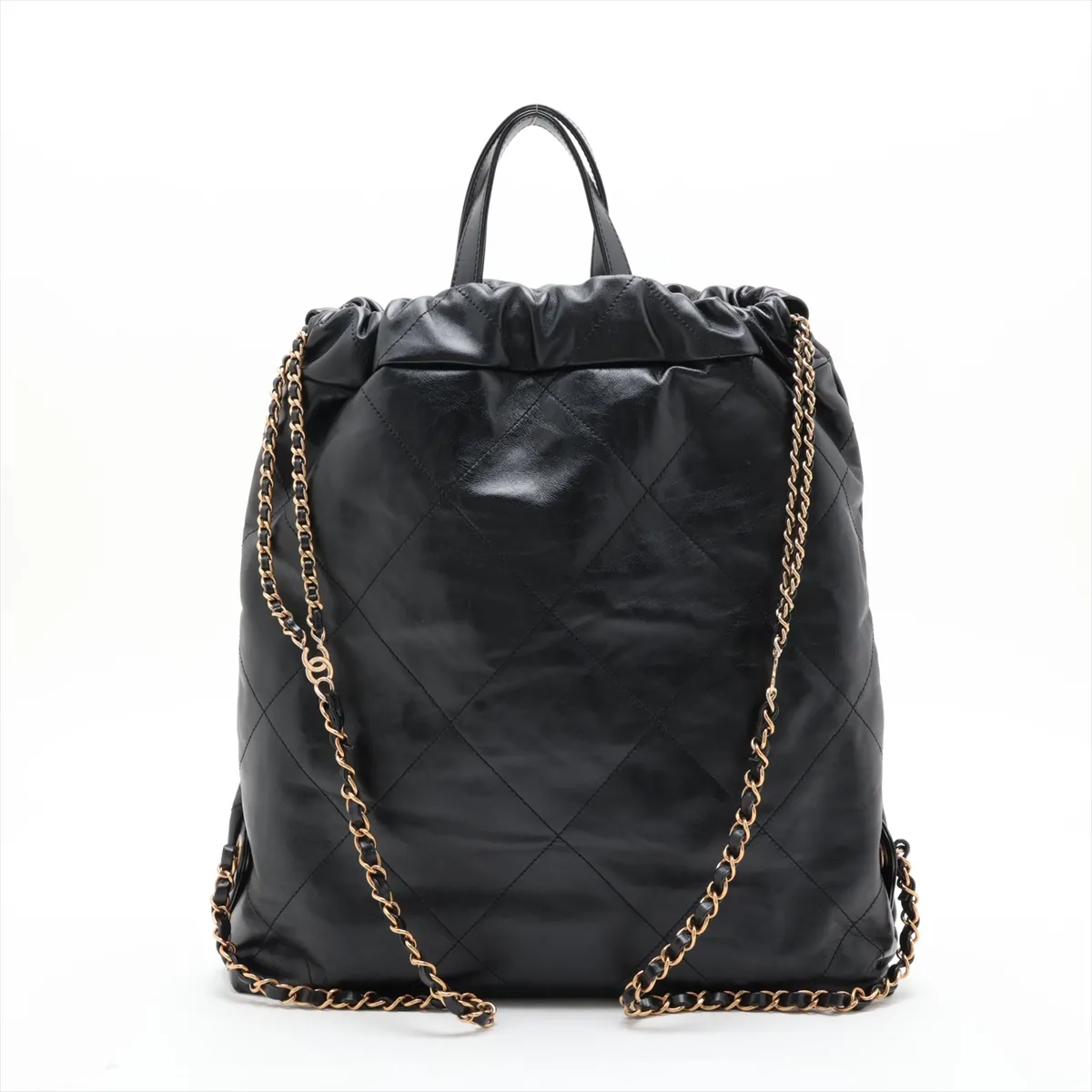 22 Backpack, Shiny Calfskin Chain Backpack, Black with Gold Hardware, EX1T3AK8, Random Plate — view 2