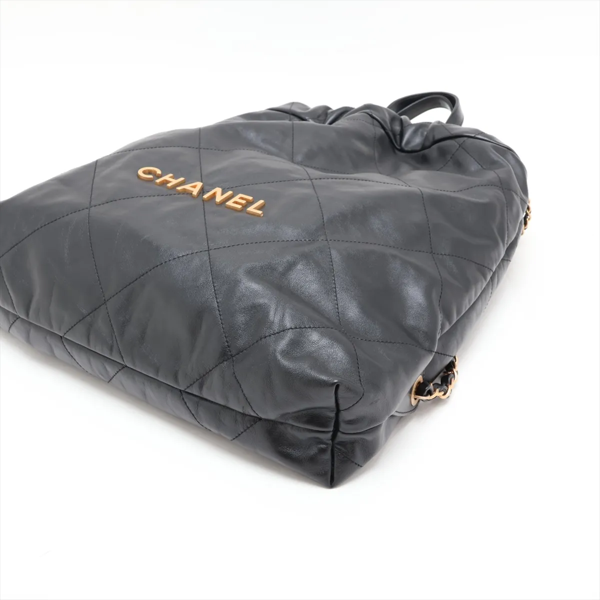 22 Backpack, Shiny Calfskin Chain Backpack, Black with Gold Hardware, EX1T3AK8, Random Plate — view 3