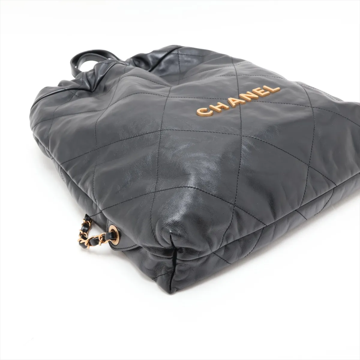 22 Backpack, Shiny Calfskin Chain Backpack, Black with Gold Hardware, EX1T3AK8, Random Plate — view 4