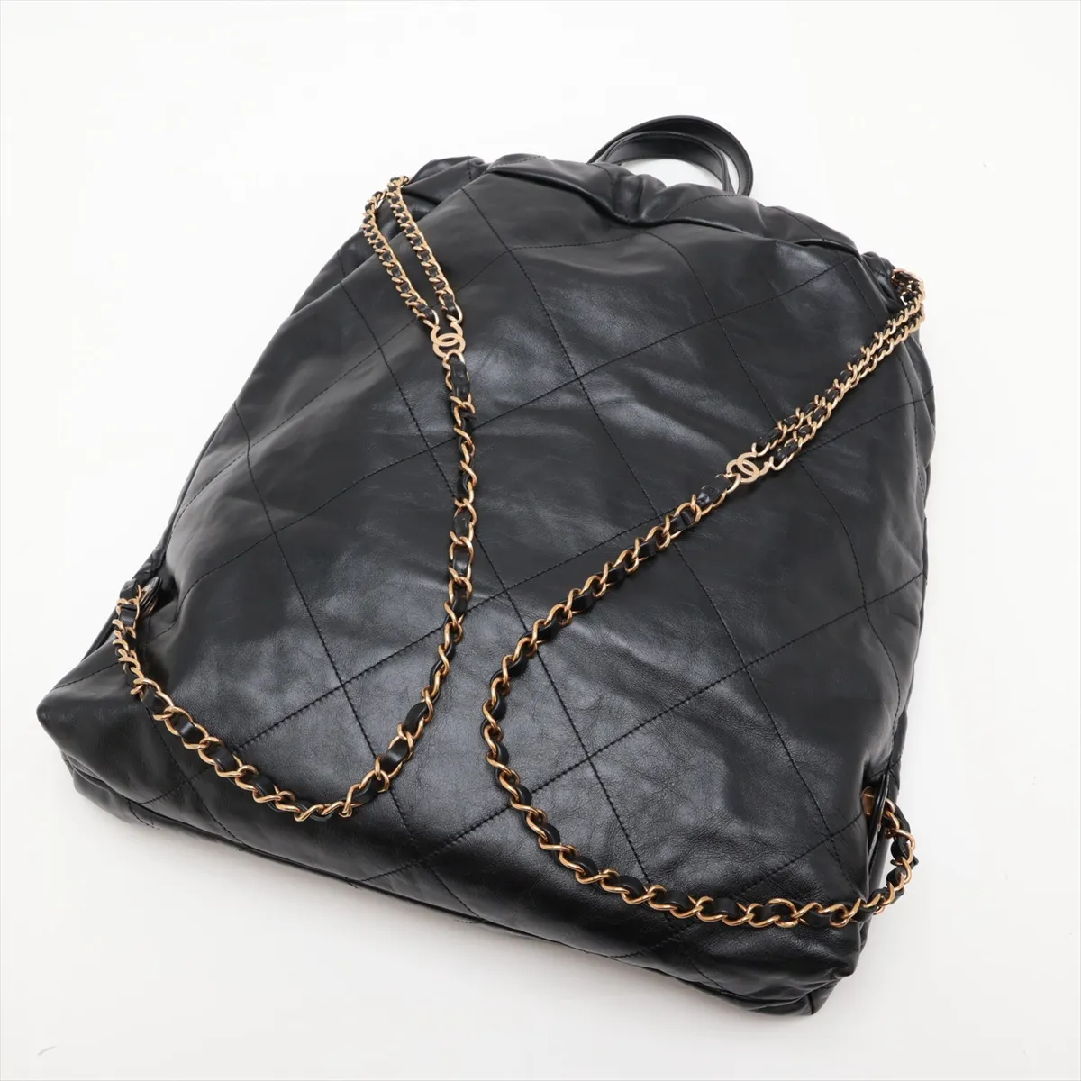 22 Backpack, Shiny Calfskin Chain Backpack, Black with Gold Hardware, EX1T3AK8, Random Plate — view 5