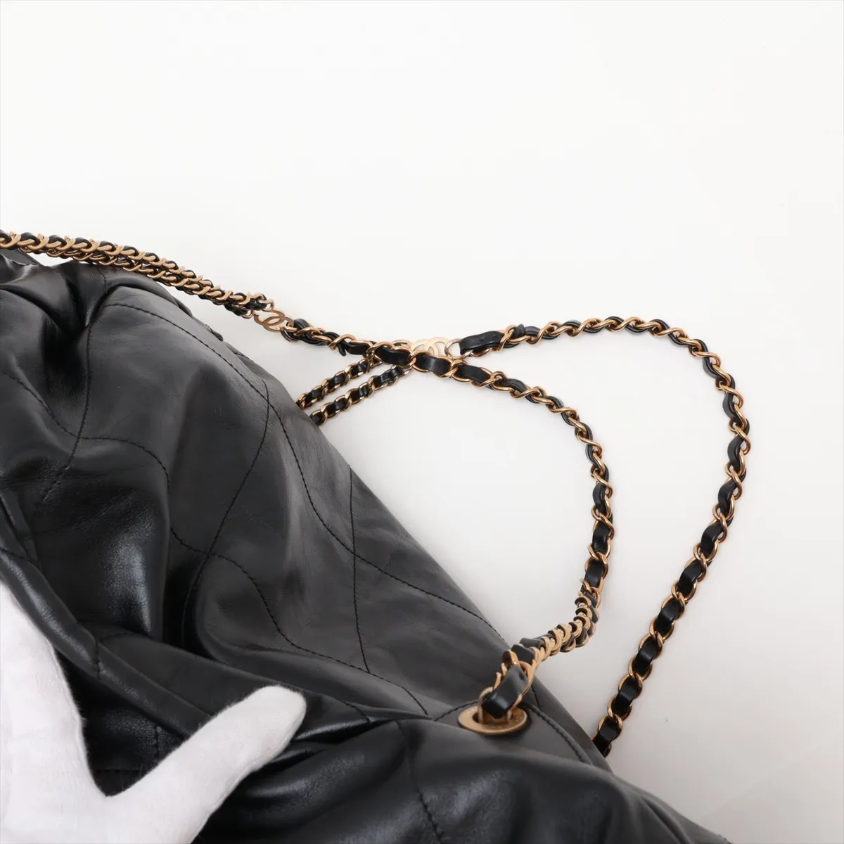 22 Backpack, Shiny Calfskin Chain Backpack, Black with Gold Hardware, EX1T3AK8, Random Plate — view 6