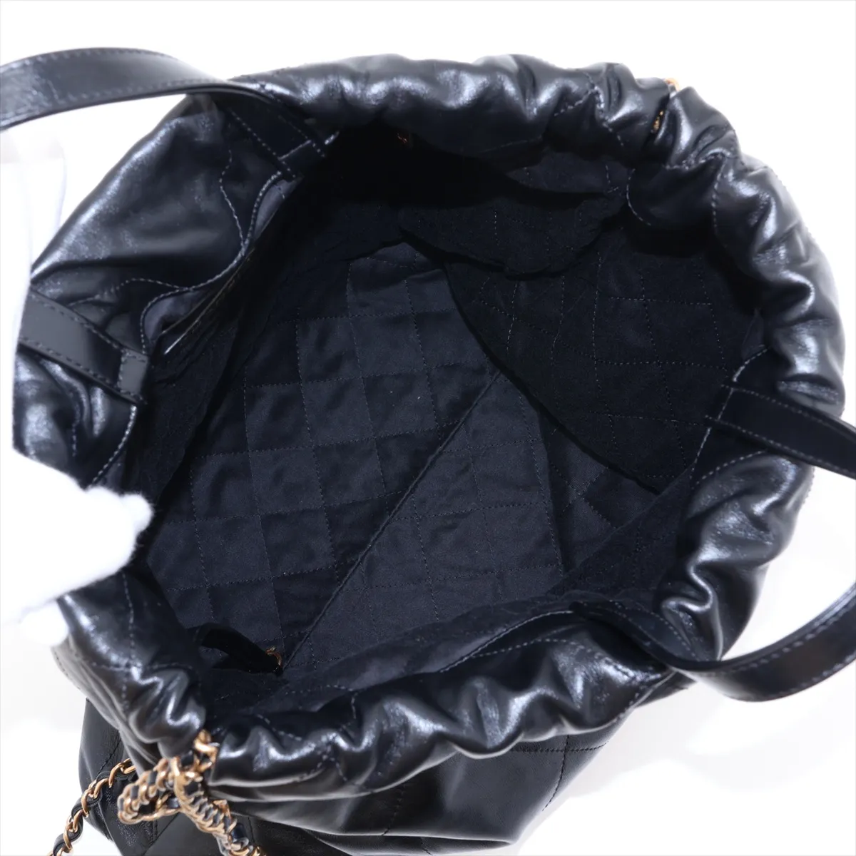 22 Backpack, Shiny Calfskin Chain Backpack, Black with Gold Hardware, EX1T3AK8, Random Plate — view 7