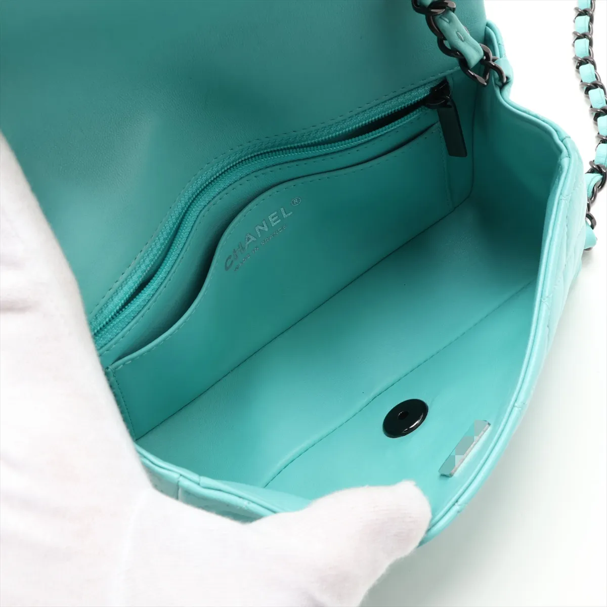 Mini Matelassé 20 Lambskin Single Flap Single Chain Bag, Blue with Black Hardware, CLK68AP3, Random Plate, A69900 — view 6