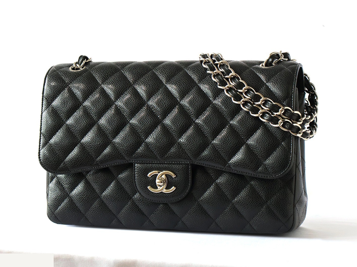 Caviar leather large matelassé bag, size 30, double flap, double chain, black.