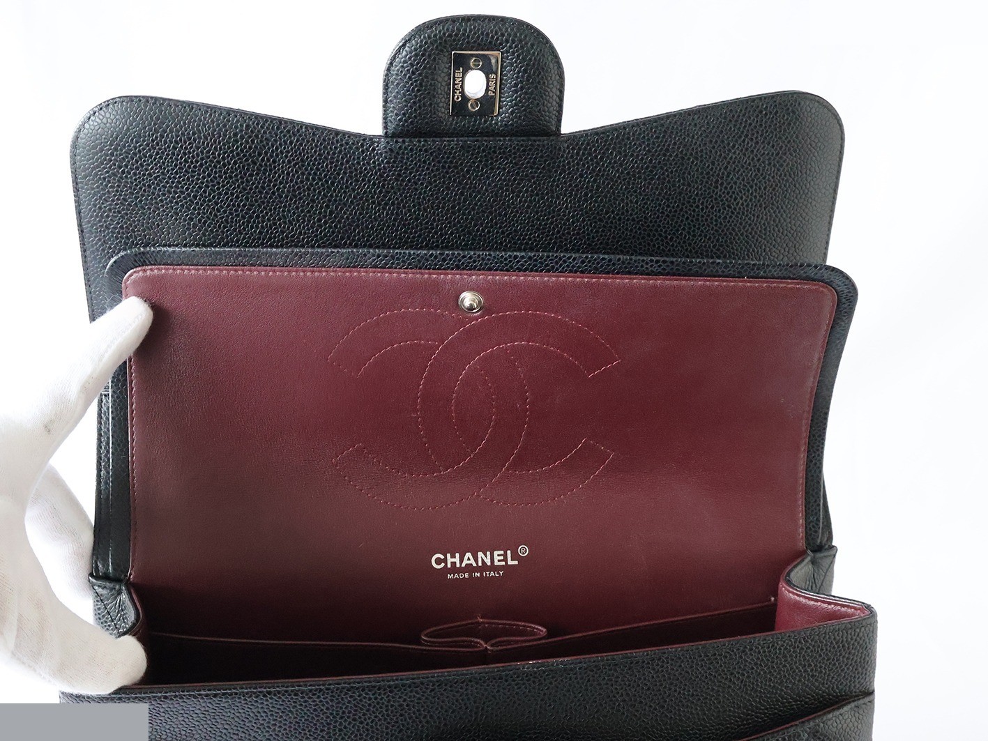 Caviar leather large matelassé bag, size 30, double flap, double chain, black. — view 11