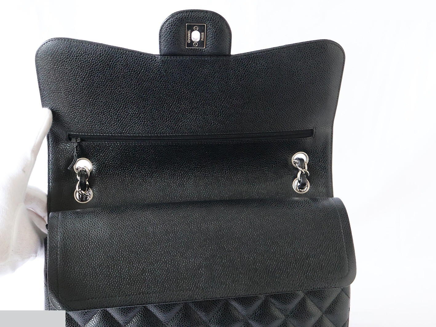 Caviar leather large matelassé bag, size 30, double flap, double chain, black. — view 10