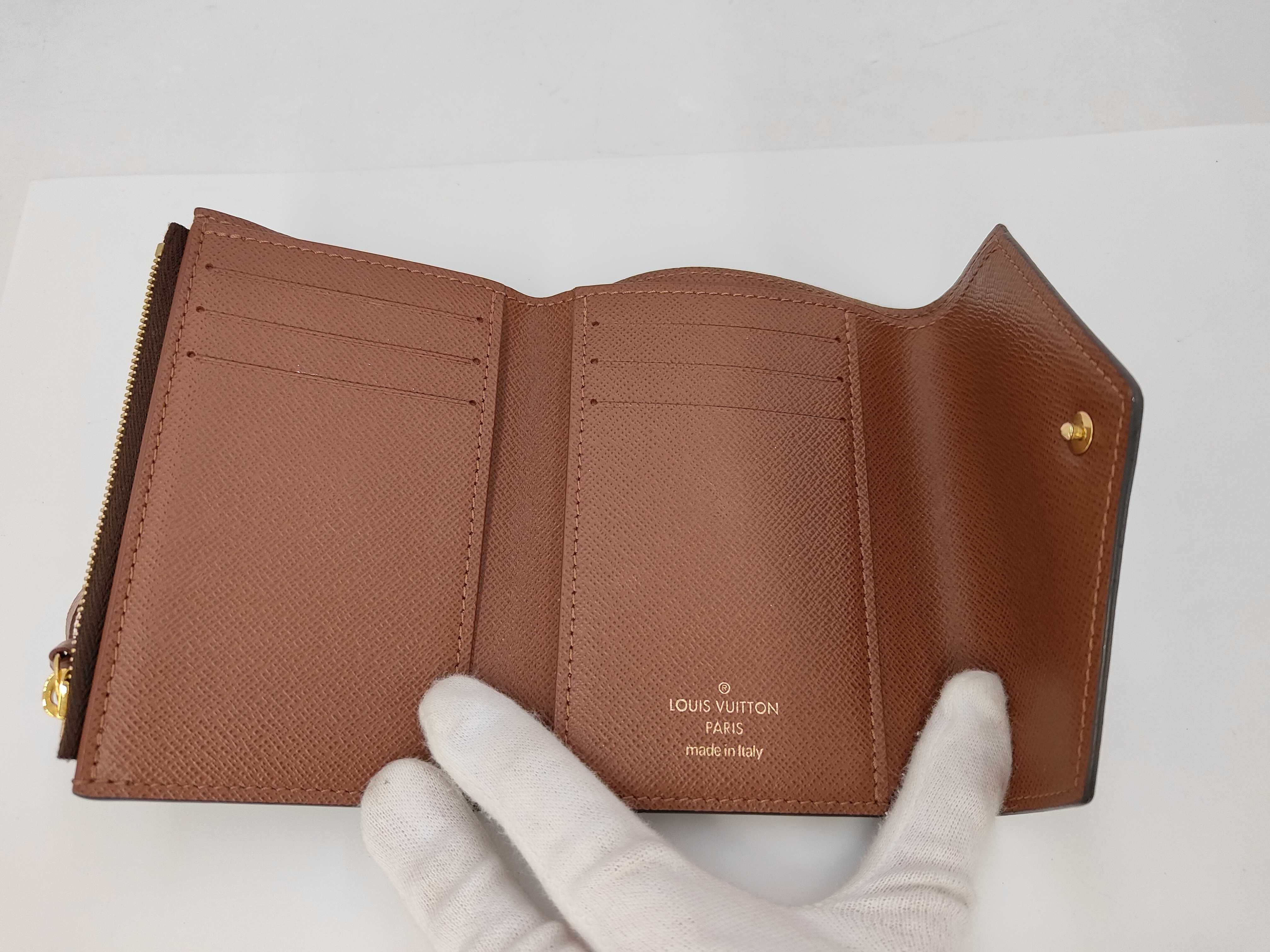 Victorine Compact Brown Monogram Wallet with Gold Buttons — view 3