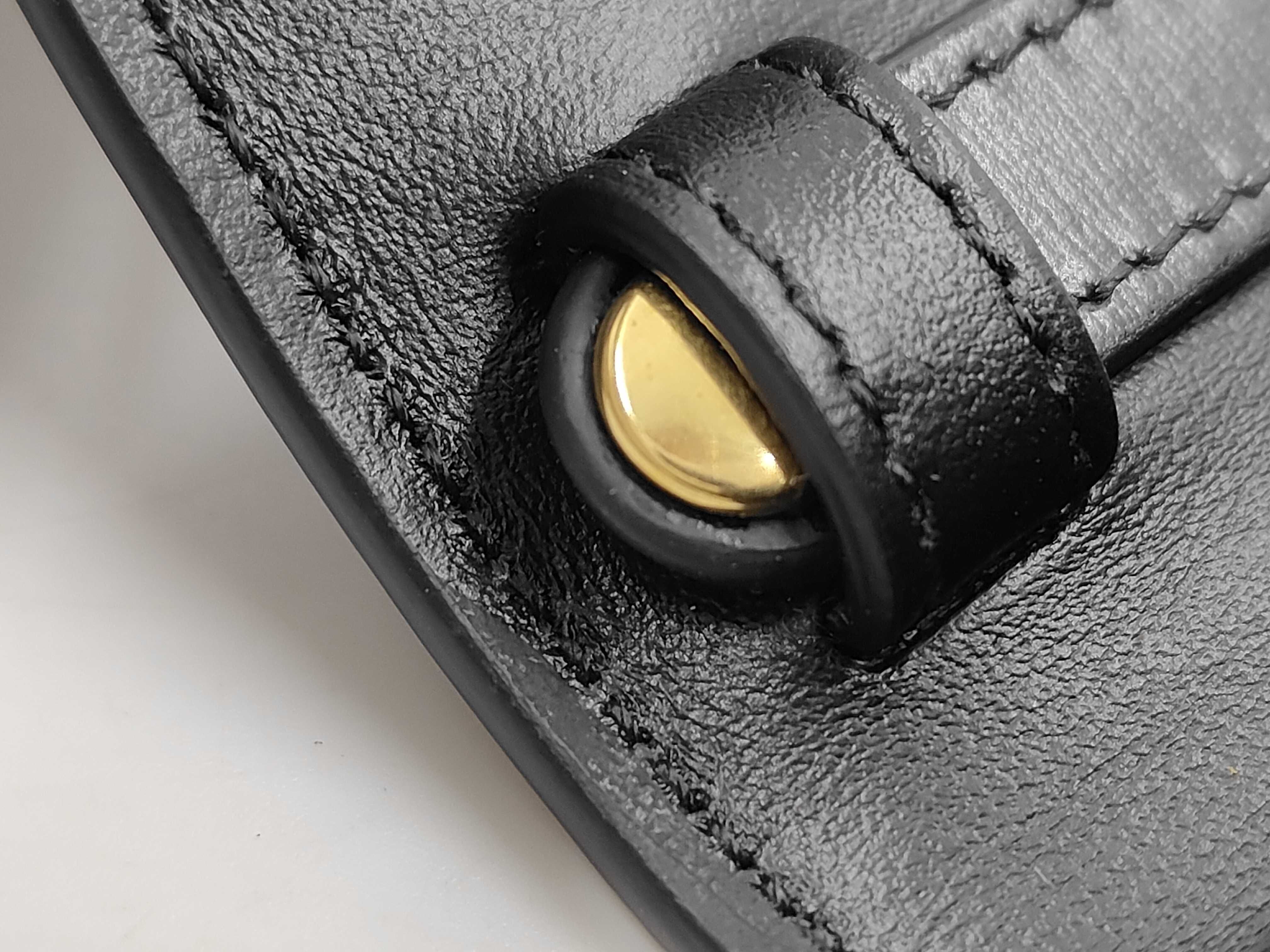 Claude Mini Glossy Cowhide Leather Shoulder/Crossbody Bag with Locking Hardware, Black x Gold — view 7