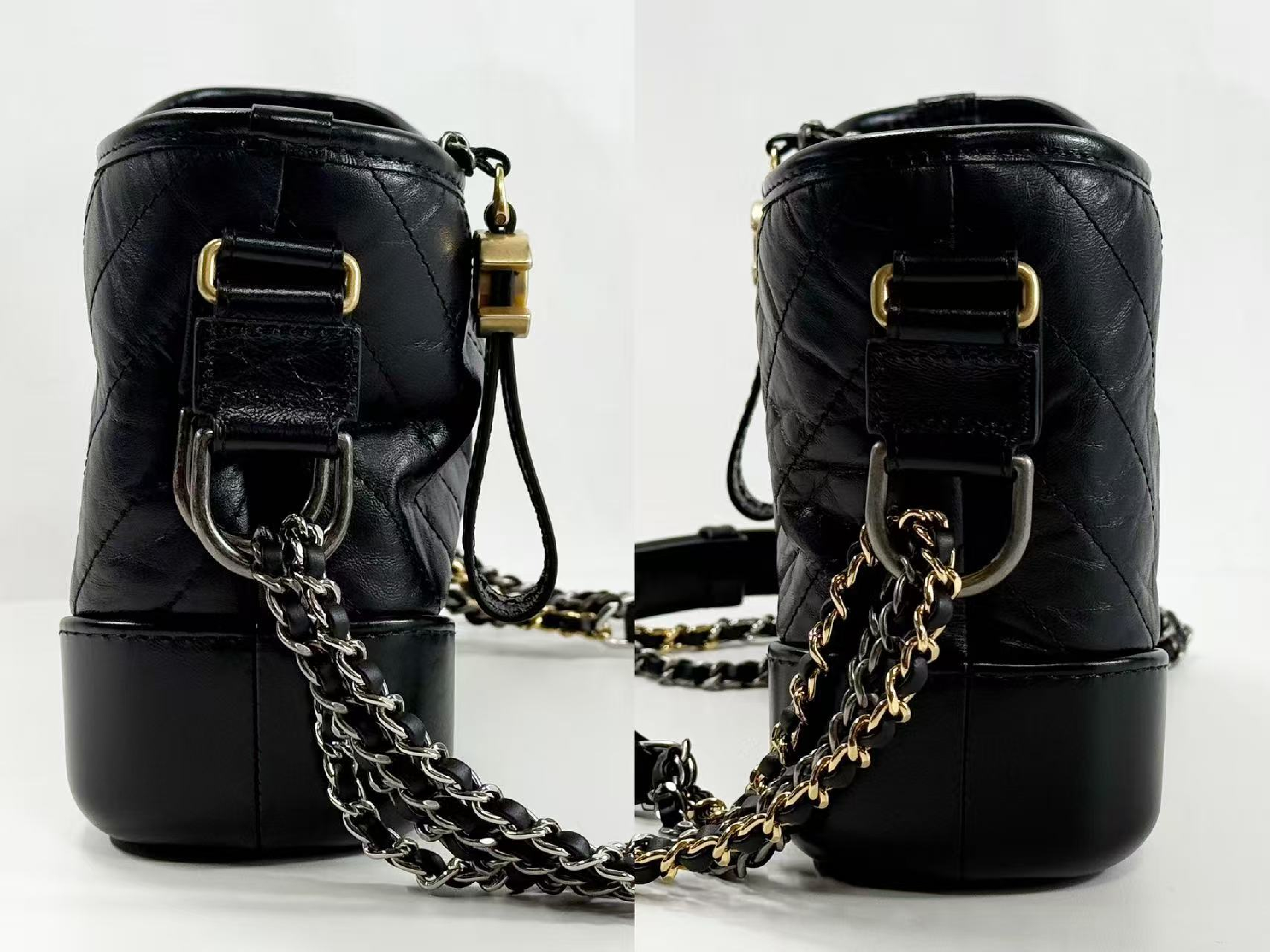 Black Gabrielle Wrinkled Chevron Shoulder Bag, Approx. W20cm, Serial Number , with Dust Bag, Authenticity Card, and Seal. Vintage Hardware, 3-Color Chain. (Item Number: 29372983) — view 13