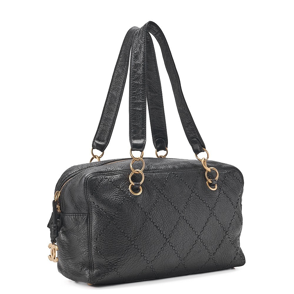 Caviar leather ultra-stitch chain Boston bag, black, gold hardware, size 8. — view 3