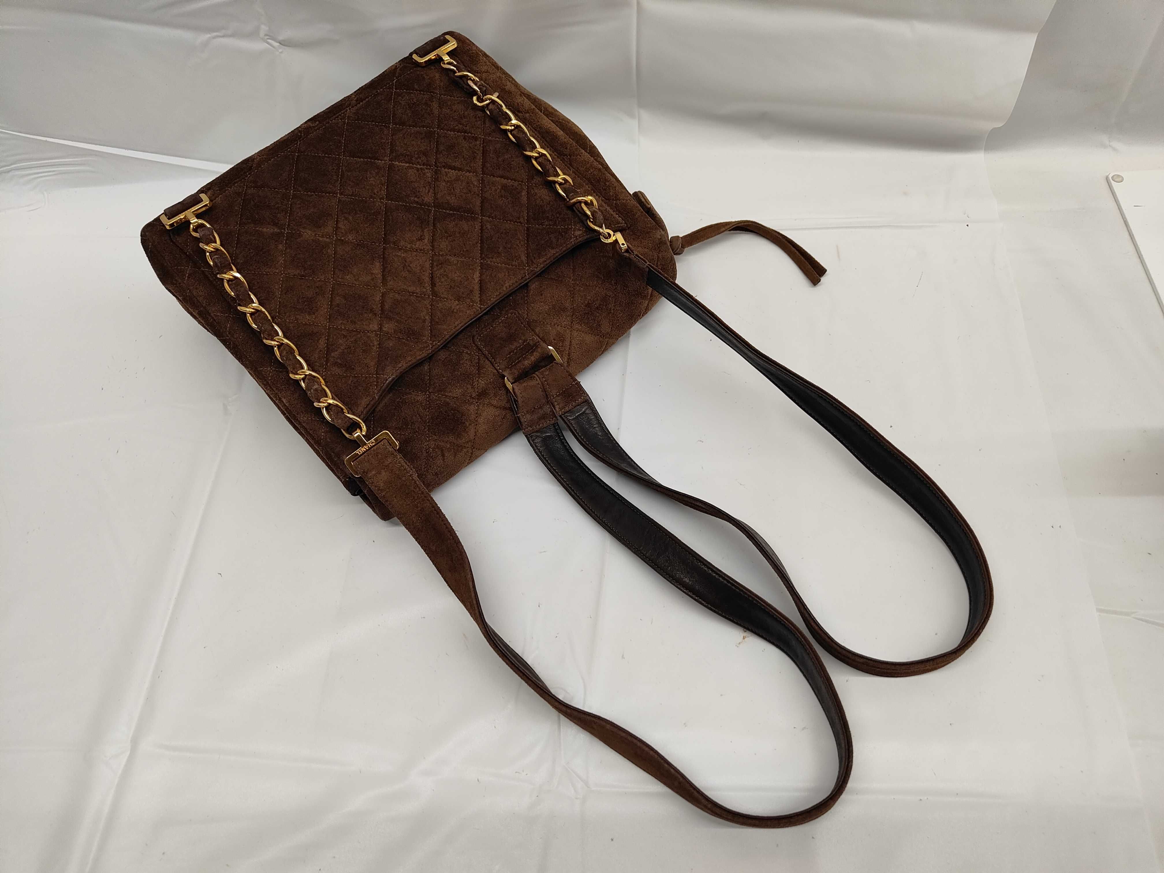 Matelassé Suede Backpack with Gold Hardware and Chain (No. 4) - Brown — view 3