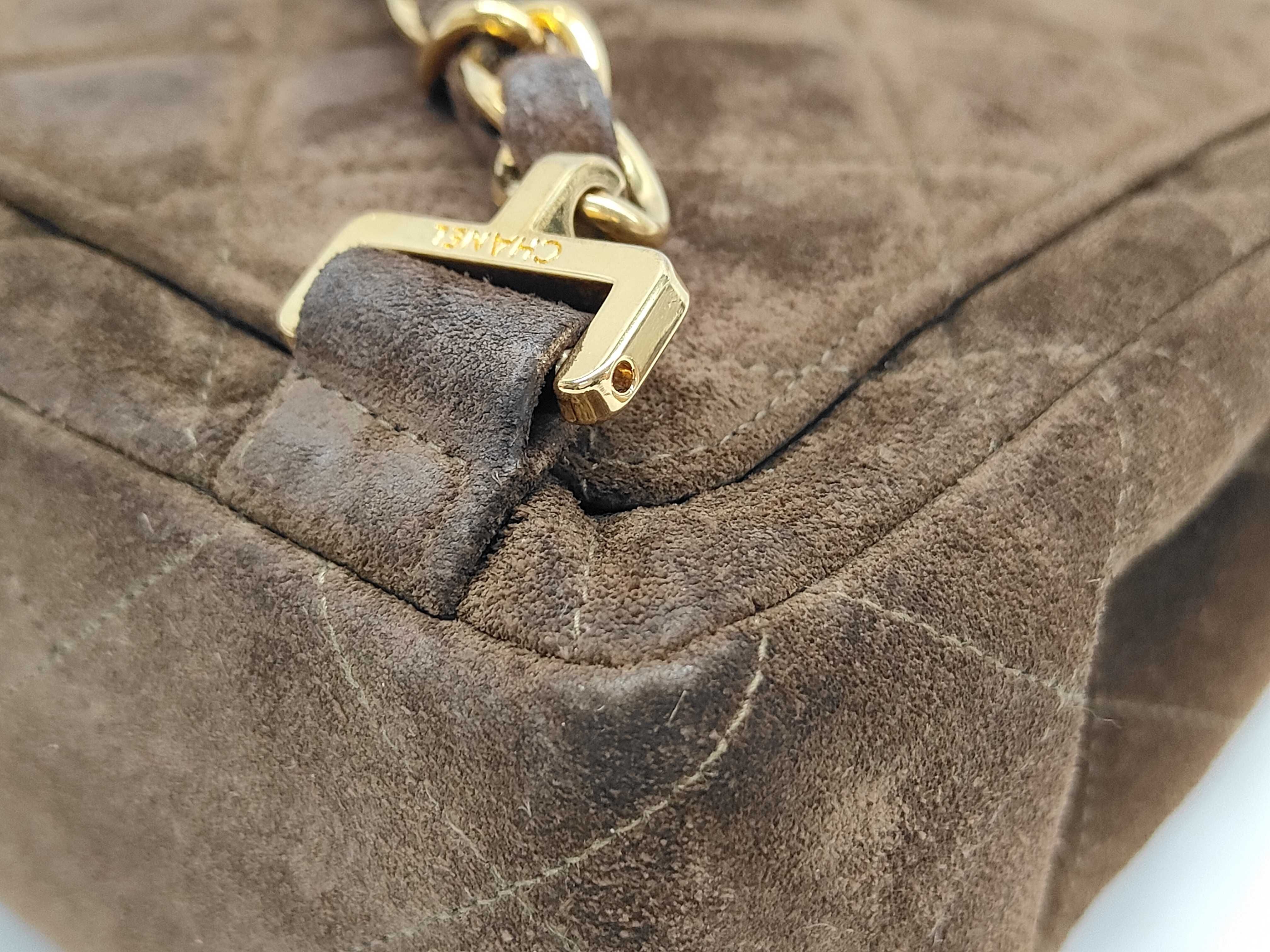 Matelassé Suede Backpack with Gold Hardware and Chain (No. 4) - Brown — view 6