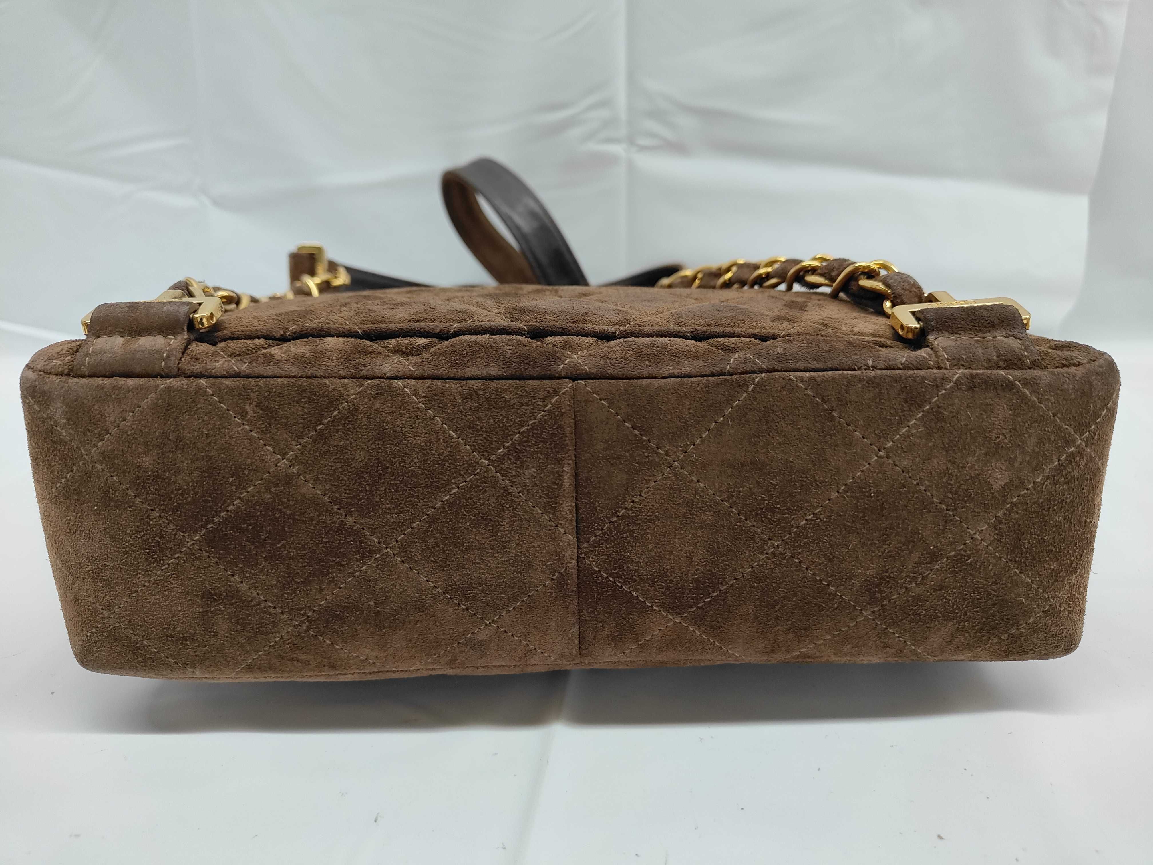 Matelassé Suede Backpack with Gold Hardware and Chain (No. 4) - Brown — view 7
