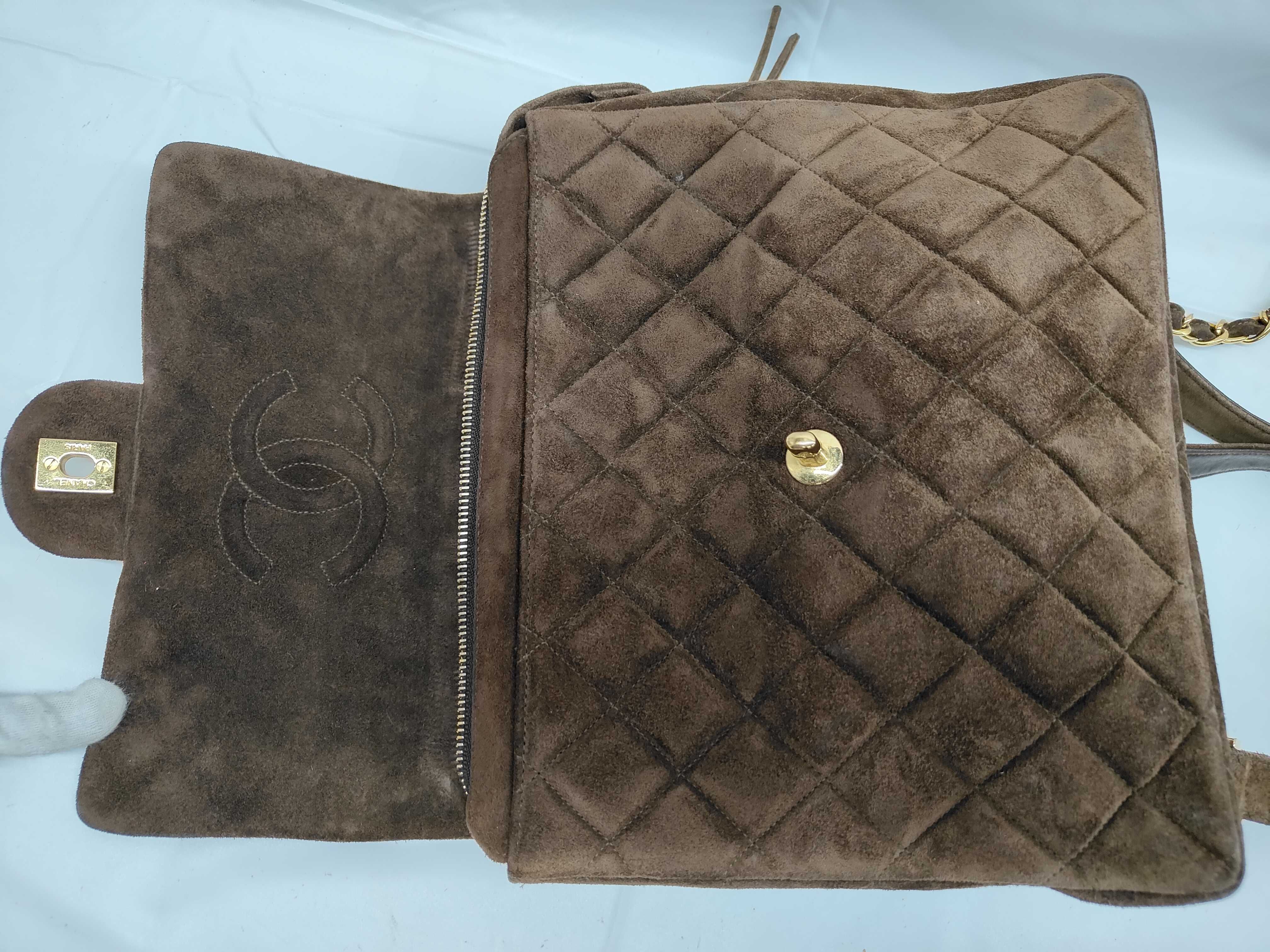 Matelassé Suede Backpack with Gold Hardware and Chain (No. 4) - Brown — view 8