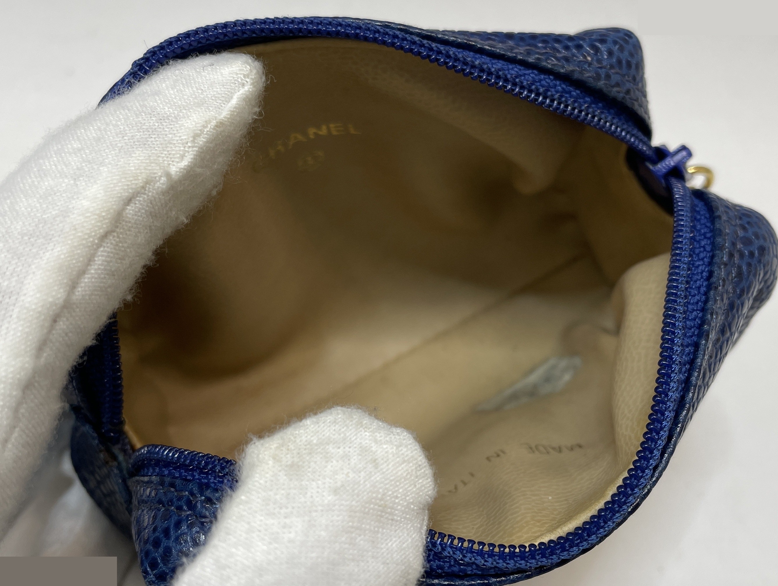 Caviar leather mini pouch with Coco Mark, blue, gold hardware. — view 7