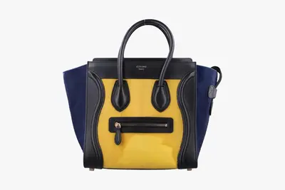 Luggage Micro Shopper, Leather x Calf Hair, Black x Yellow x Blue