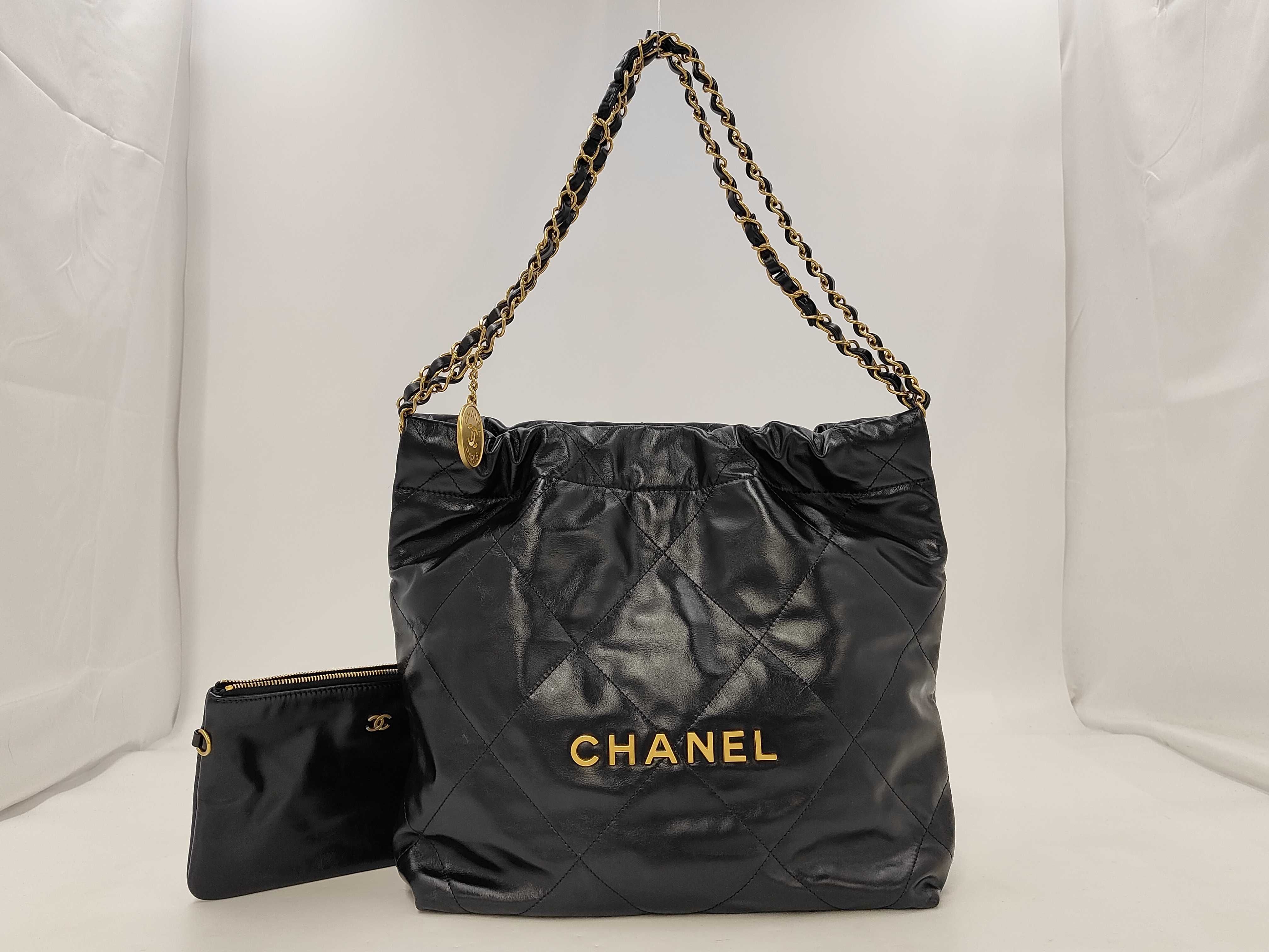 22 Shiny Calfskin Gold Hardware Chain Shoulder Bag with Pouch Serial Hardware Plate Black Tote Bag