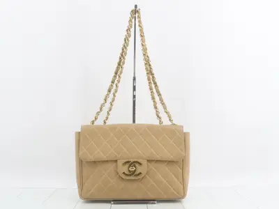 Leather Coco Mark Chain Shoulder Bag, Beige