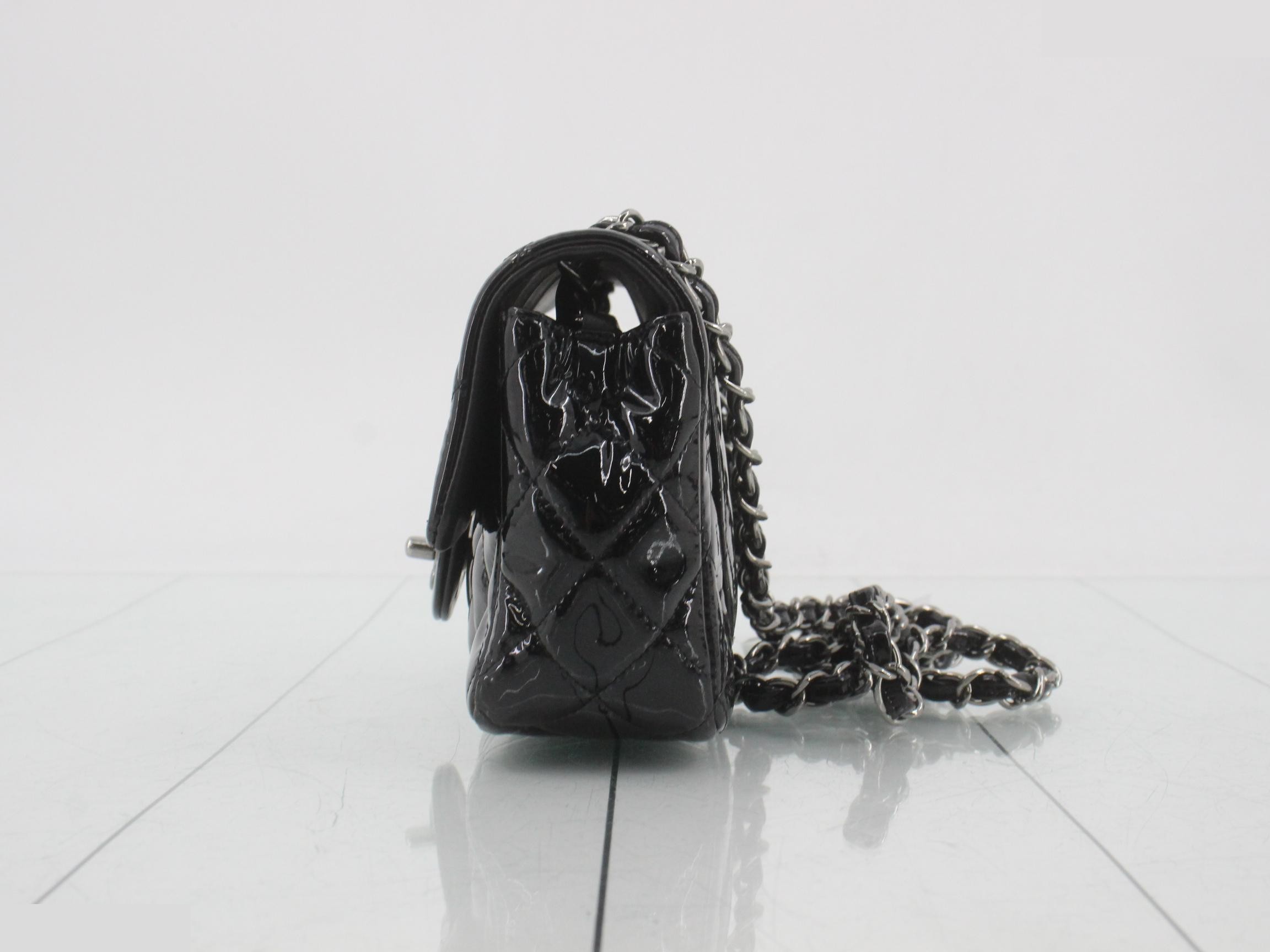Mini Matelassé Patent Leather Chain Shoulder Bag, Black, Silver Hardware — view 3