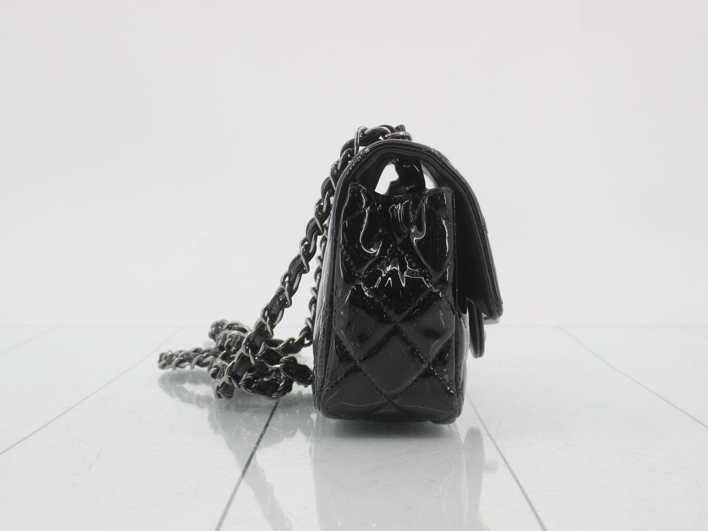 Mini Matelassé Patent Leather Chain Shoulder Bag, Black, Silver Hardware — view 4