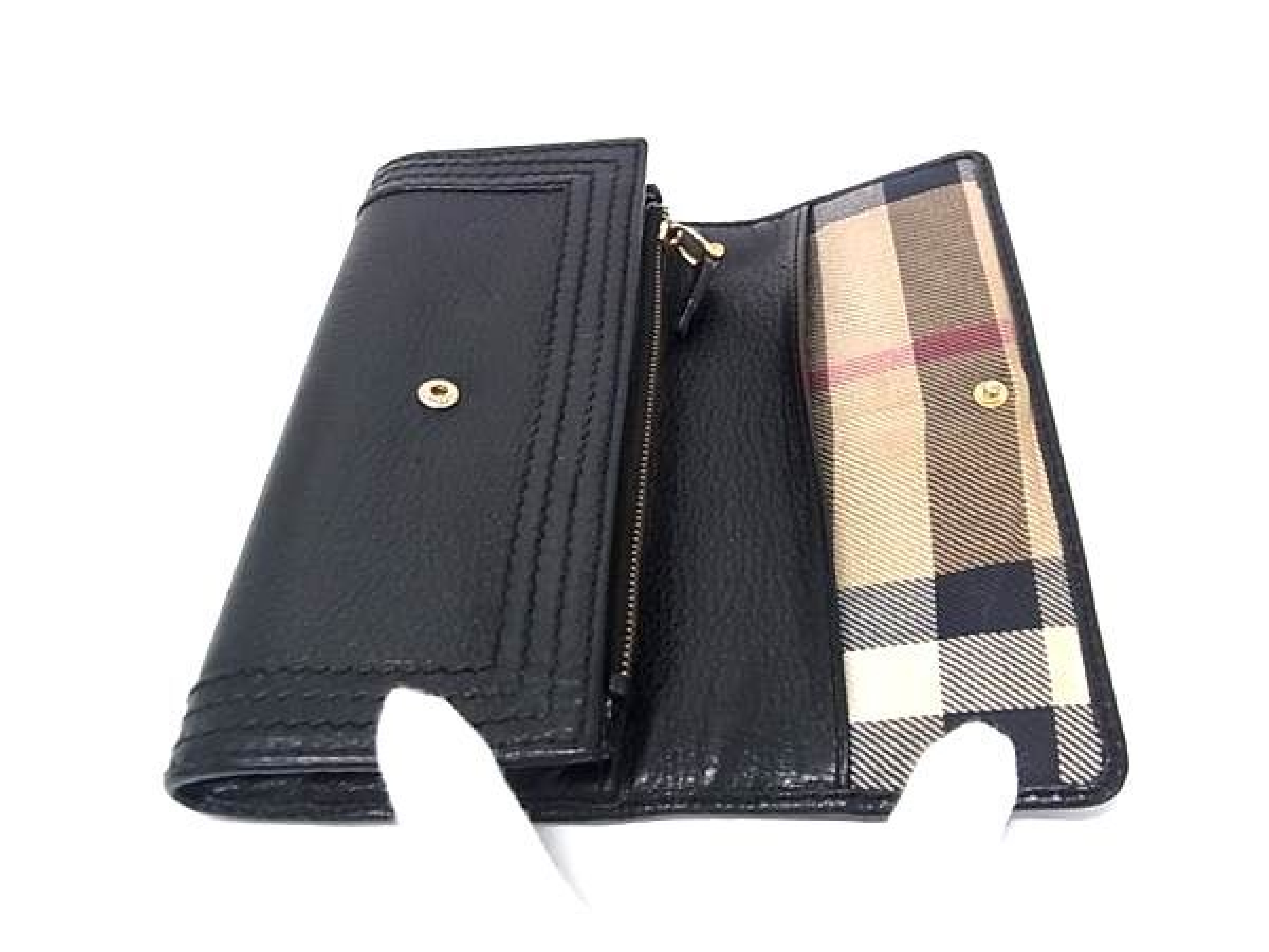 Leather Bi-fold Long Wallet with Nova Check Interior, Coin Purse, Bill Compartment, Card Slots, Black (HC1350) — view 3