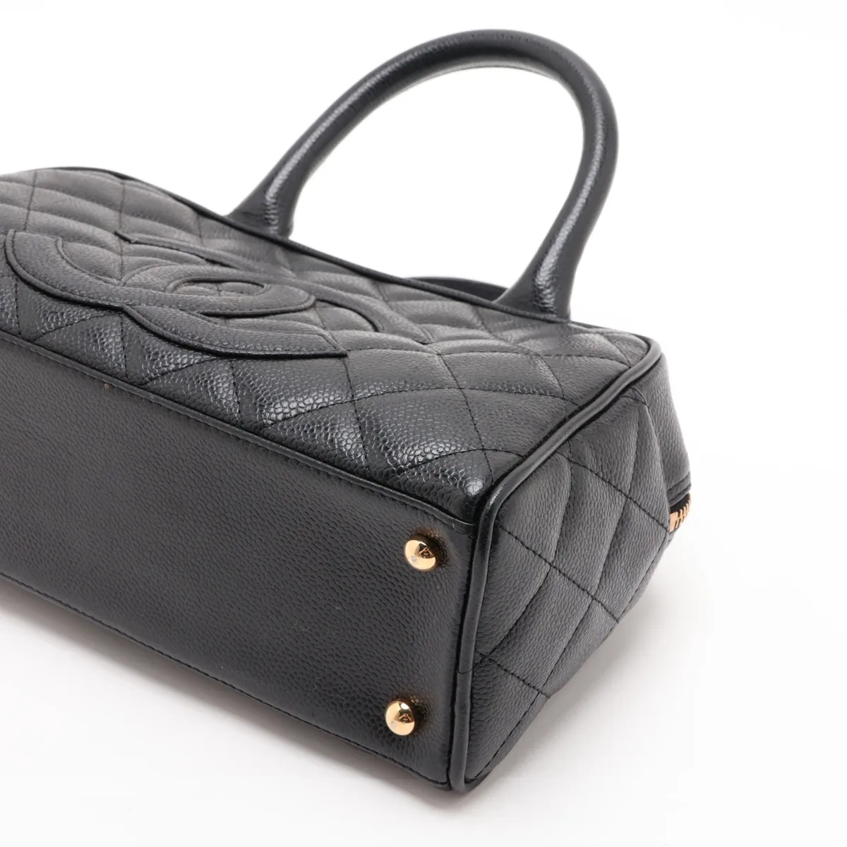Matelassé Caviar Skin Handbag, Black with Gold Hardware — view 3