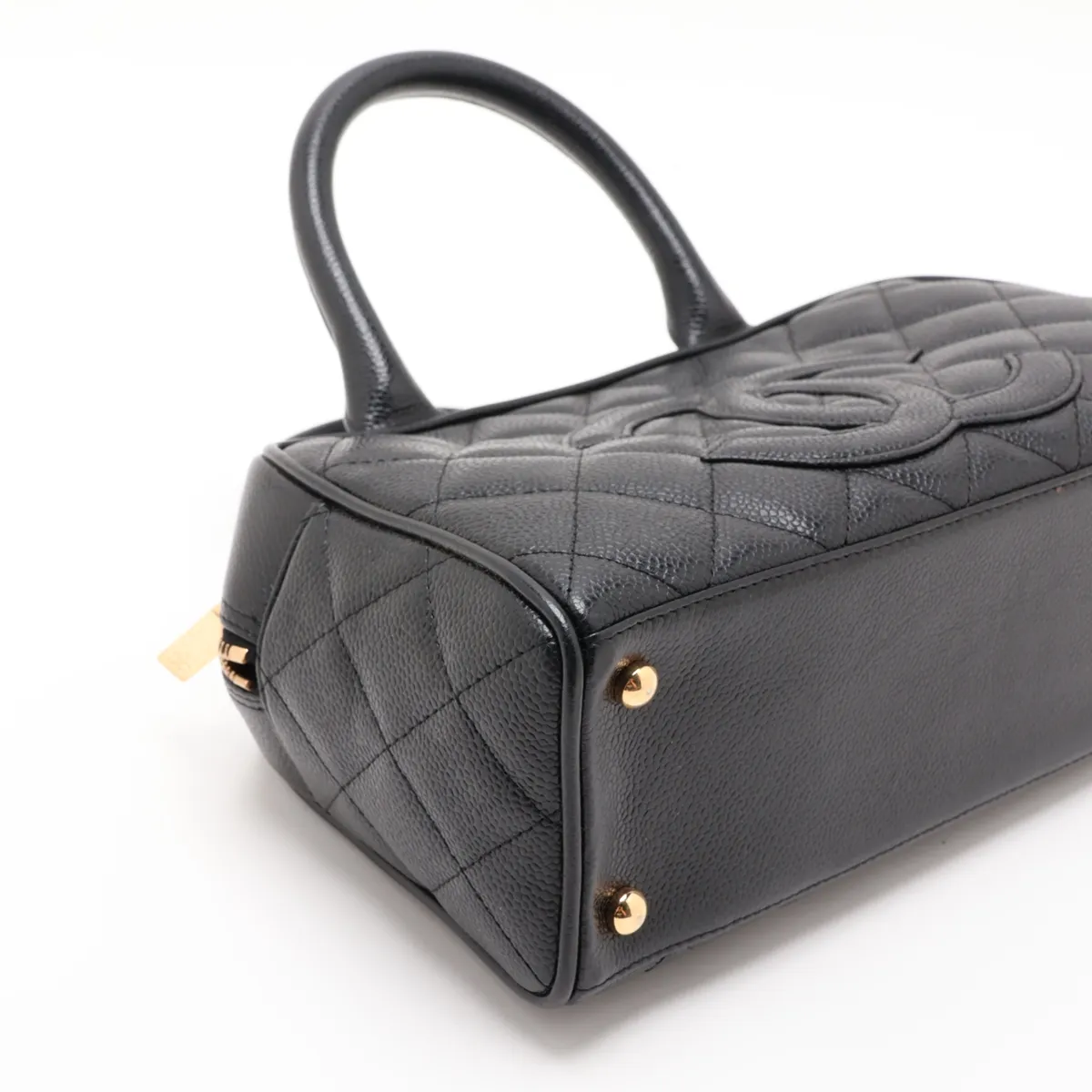 Matelassé Caviar Skin Handbag, Black with Gold Hardware — view 4