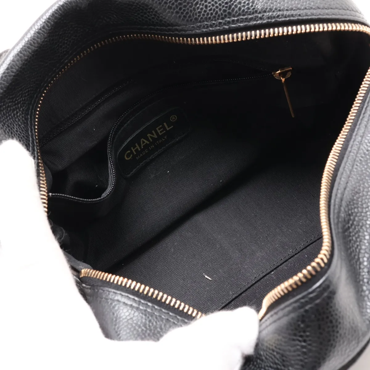 Matelassé Caviar Skin Handbag, Black with Gold Hardware — view 7