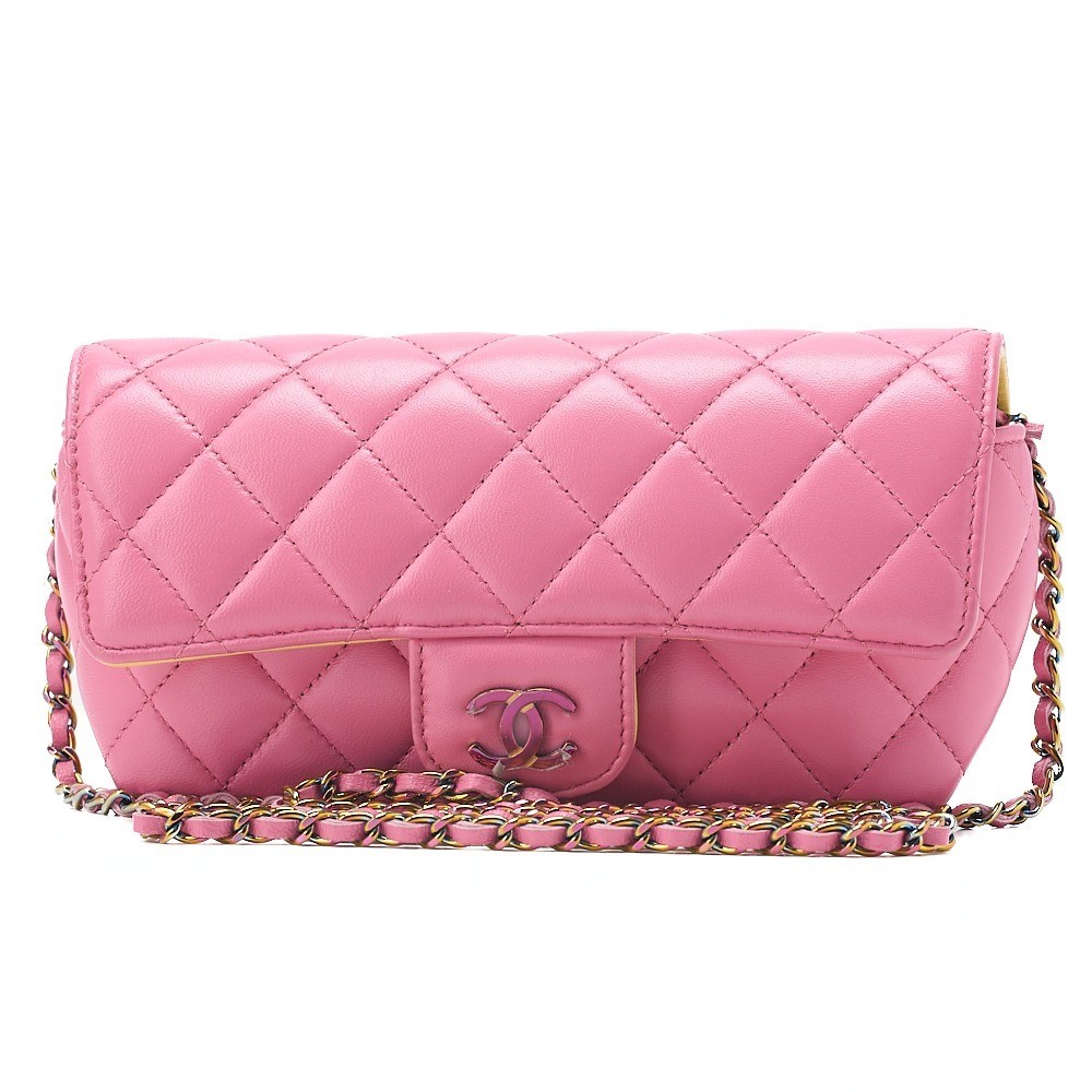 Lambskin Mini Matelassé Eyeglasses Case with Chain Shoulder Strap, Light Pink
