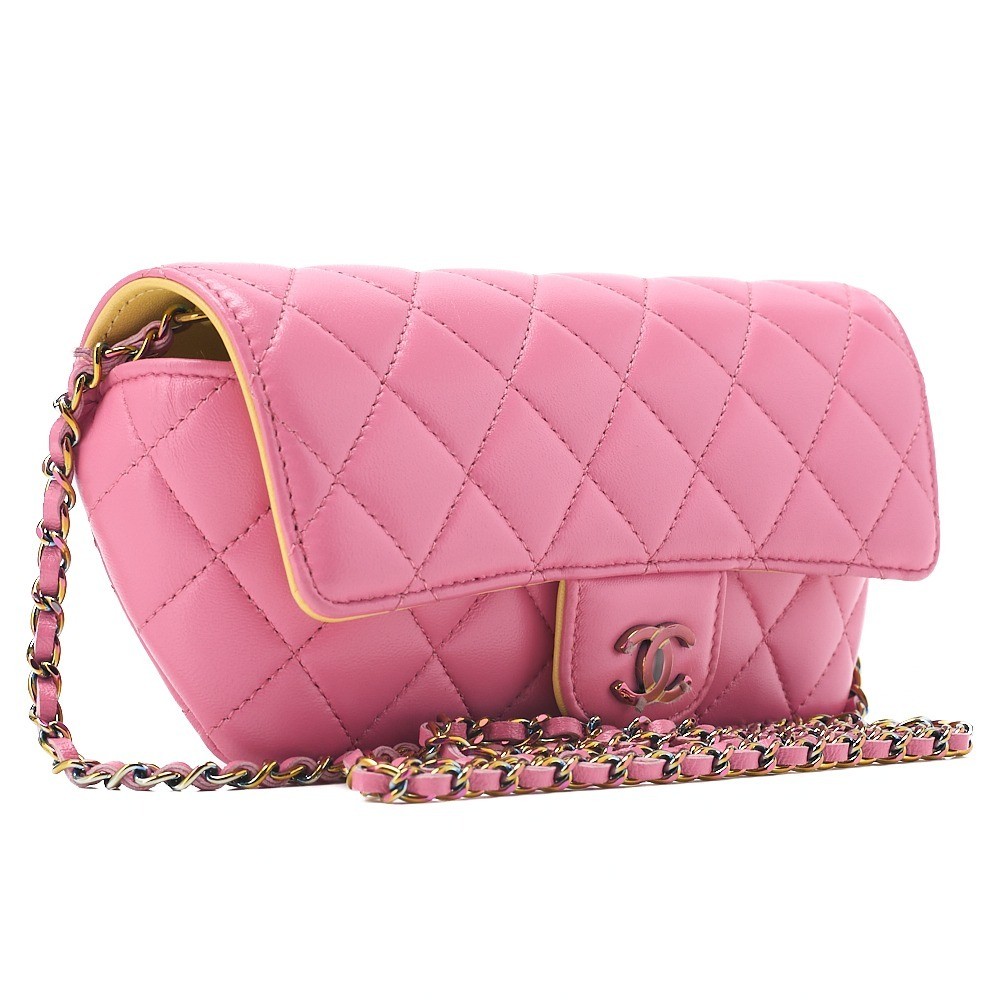 Lambskin Mini Matelassé Eyeglasses Case with Chain Shoulder Strap, Light Pink — view 3