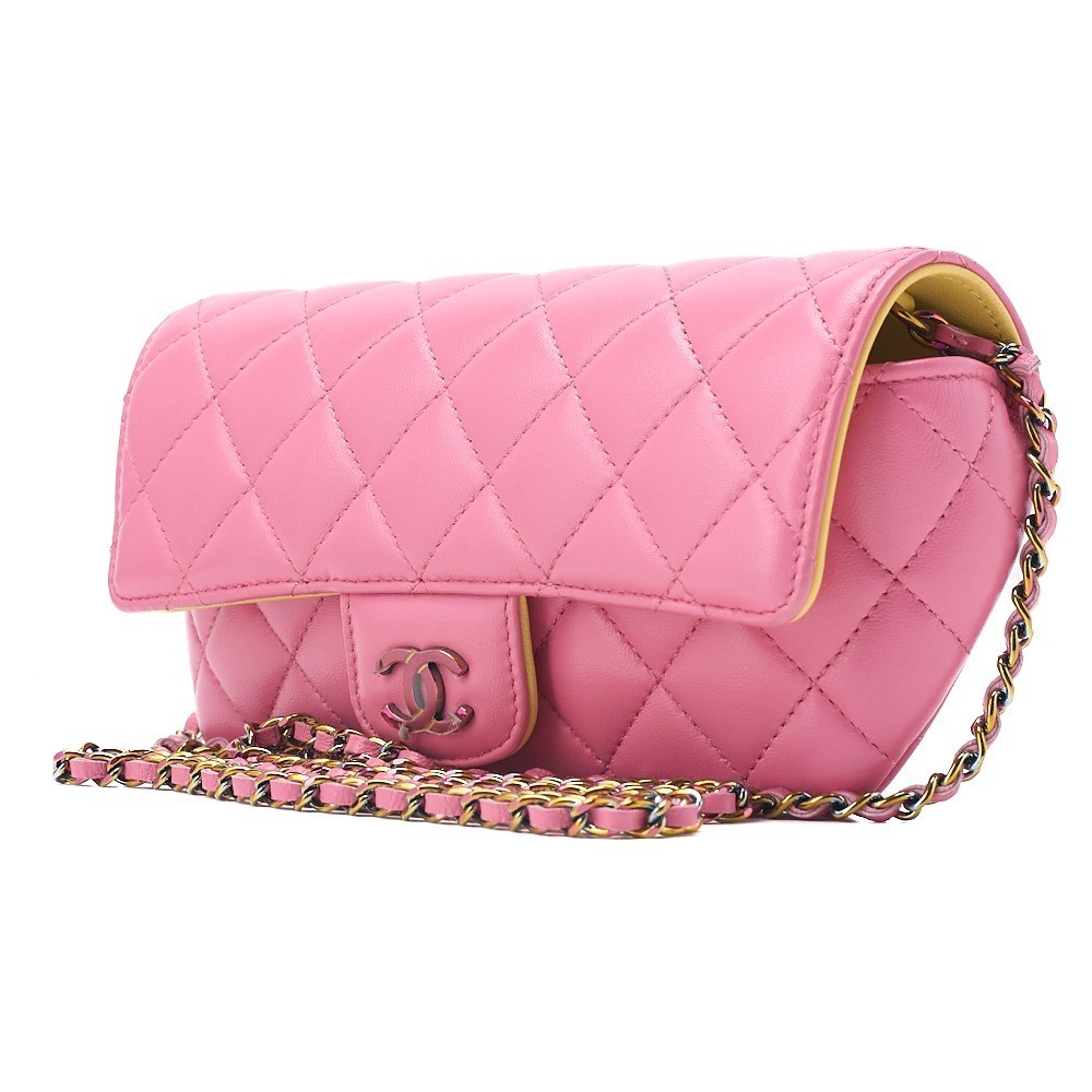 Lambskin Mini Matelassé Eyeglasses Case with Chain Shoulder Strap, Light Pink — view 4