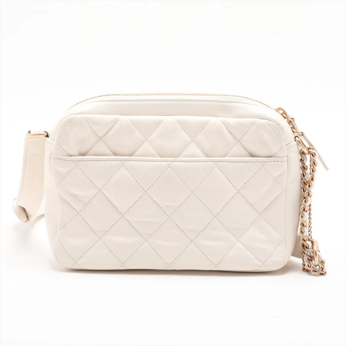 Matelassé Leather Chain Shoulder Bag, White with Gold Hardware, NN2806UE, Random Plate — view 2