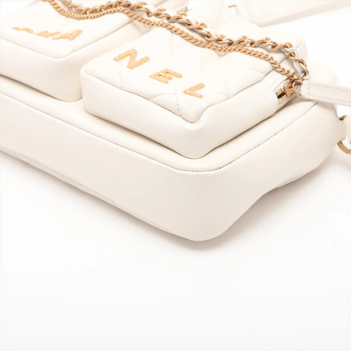 Matelassé Leather Chain Shoulder Bag, White with Gold Hardware, NN2806UE, Random Plate — view 3